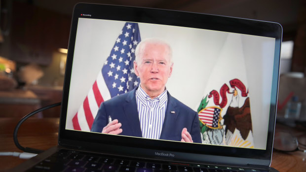 Joe Biden holds a virtual campaign event last month.