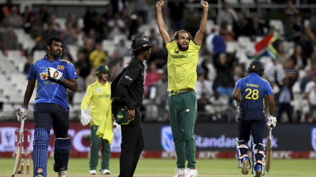 Imran Tahir celebrates South Africa's win after the super over.