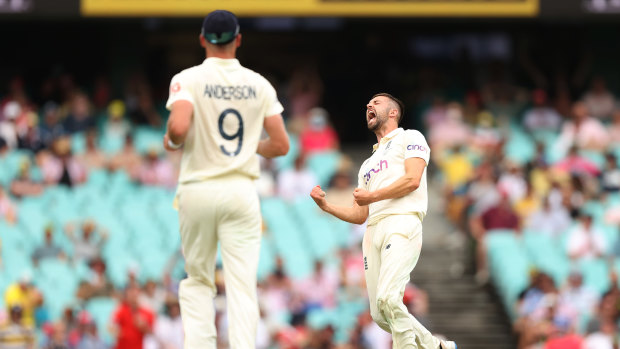 Mark Wood celebrates the big wicket of Marnus Labuschagne.