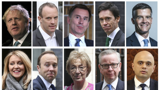 The contenders: top row from left, Boris Johnson, Dominic Raab, Jeremy Hunt, Rory Stewart, Mark Harper. Bottom row from left, Esther McVey, Matt Hancock, Andrea Leadsom, Michael Gove, Sajid Javid.  