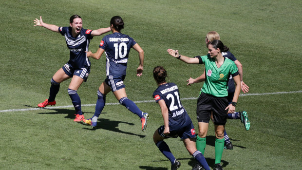 Grace Maher celebrates the goal that sent the W-League semi-final into extra time.