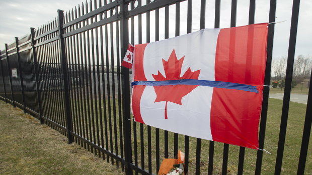 A tribute is displayed at the Royal Canadian Mounted Police headquarters in Dartmouth, Nova Scotia.