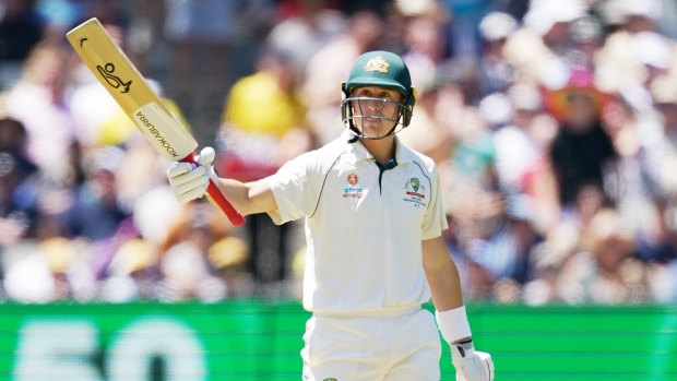 Solid contributor: Marnus Labuschagne celebrates reaching another 50 on day one of the second Test against New Zealand at the MCG.