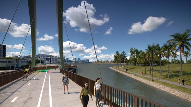 An artist’s impression of the approved design for the $67 million Breakfast Creek green bridge. 