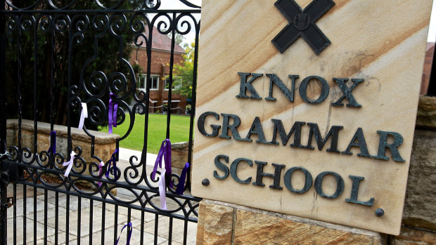 Ribbons on the front gates at Knox Grammar after the royal commission in 2015.