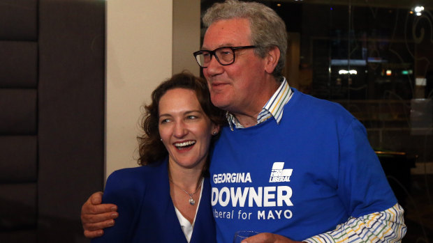Liberal candidate Georgina Downer with her father Alexander Downer at the Barker Hotel, Adelaide on Saturday night.