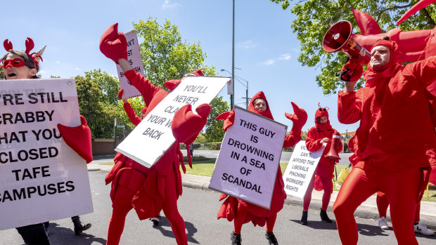 Young Labor protesters dressed as lobsters target the Liberal Party's election campaign launch.