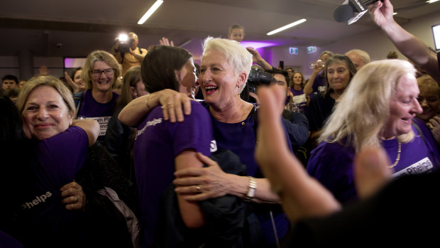 Independent candidate for Wentworth Kerryn Phelps is congratulated by supporters.