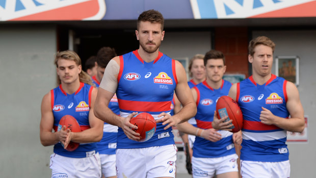 The Western Bulldogs come out onto UTAS Stadium in Launceston earlier this seaosn.