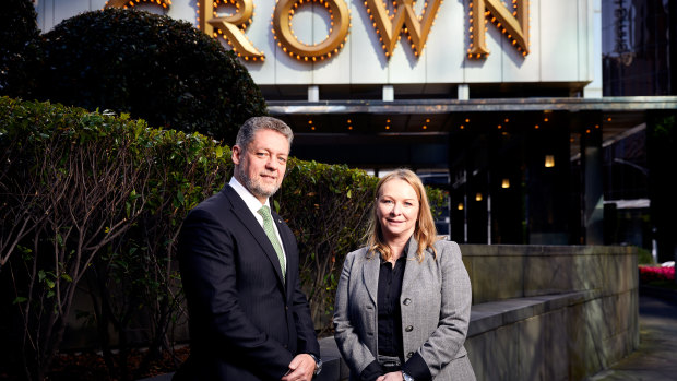 Crown CEO Ciaran Carruthers and Dr Jamie Wiebe outside Crown’s casino in Melbourne.