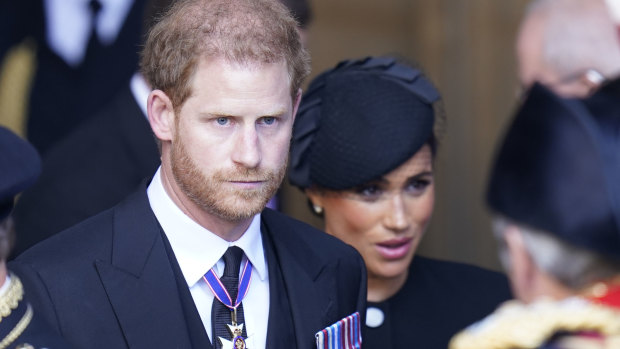 Prince Harry and his wife Meghan after Queen Elizabeth’s funeral. In his memoir Harry accuses his brother of assault and Camilla of being a villain.