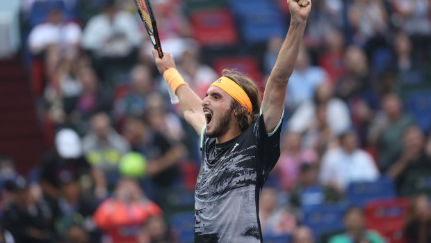 Stefanos Tsitsipas erupts after his victory over world No.1 Djokovic.