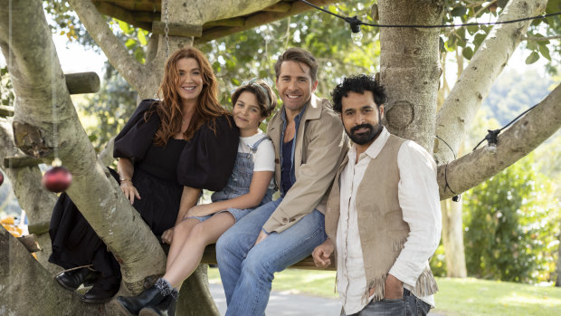 Poppy Montgomery, Asmara Feik, Hugh Sheridan and Nicholas Brown in the Yuletide confection Christmas on the Farm.