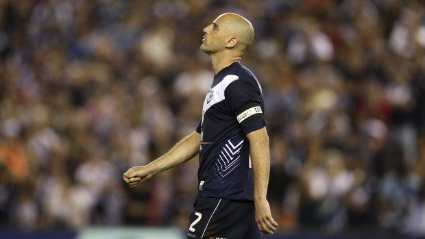 Spot of bother:  Kevin Muscat of the Victory after missing his chance during penalty shootout in the A-League grand final between Melbourne Victory and Sydney FC at Etihad Stadium on March 20, 2010.
