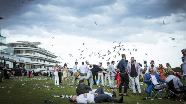 The seagulls begin to land at Flemington as Cup Day comes to an end.