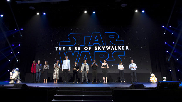 The Star Wars cast, producers and droids R2-D2 and BB-8 at D23.