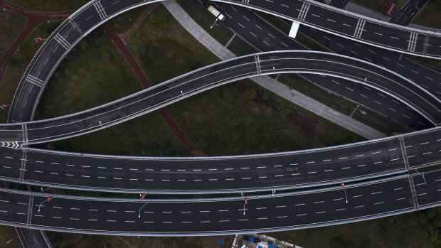 An empty flyover in Wuhan, Hubei province, China. 