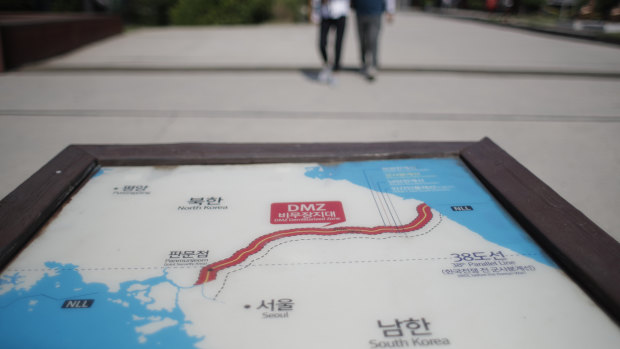 A map of two Koreas showing the Demilitarised Zone with North Korea's capital Pyongyang and South Korea's capital Seoul is seen at the Imjingak Pavilion in Paju, South Korea.