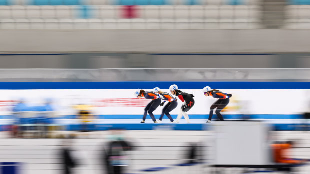 Competitors in the Speed Skating China Open last year, part of the 2022 Beijing Winter Olympic Games test event at the National Speed Skating Oval in Beijing.