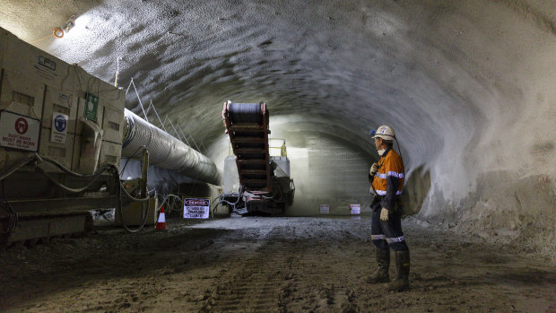 Contractors at work in the NorthConnex toll road tunnel.