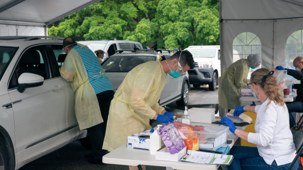 Medical staff at the Avalon COVID-19 pop-up testing facility on Saturday.