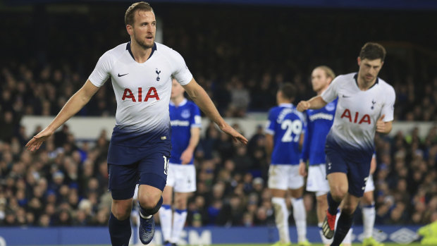 Tottenham's Harry Kane celebrates scoring in the rout of Everton.