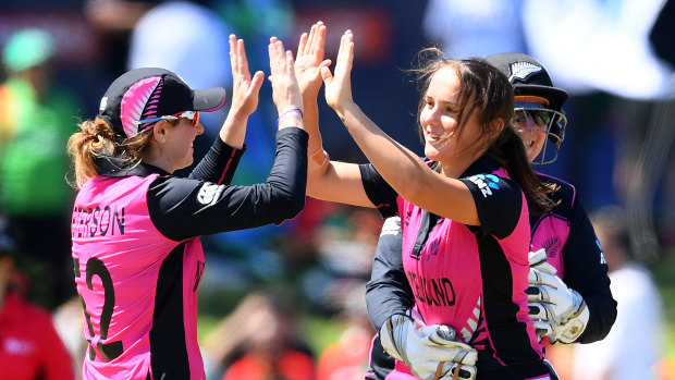 New Zealand's Amelia Kerr celebrates after snaring the wicket of Bangladesh's Jahanara Alam.