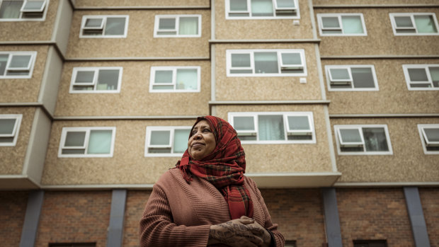 Resident Awatif Taha outside one of the Racecourse Road, Flemington, towers.