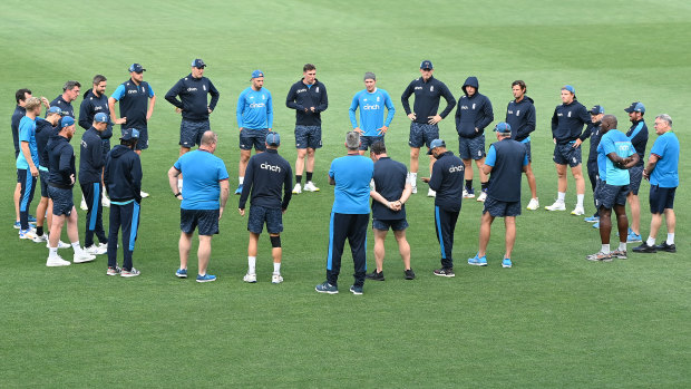 England coach Chris Silverwood addresses his group in Adelaide. 