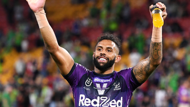 Josh Addo-Carr waves to the crowd after the Storm's preliminary final win over Canberra on Friday night.
