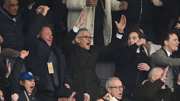 Gary Lineker celebrates after his former team Leicester City scored in 2023.