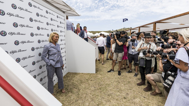 Actor Asher Keddie arrives at the Alfa Romeo marquee at the Portsea Polo.