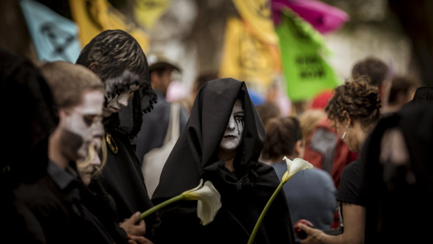Protesters stage a mock funeral for the environment.