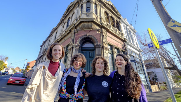 It's got a turret: (left to right) Sophie Jordan, Rachel Deans, Ruthi Hambling and Julia Earley at their share house 'Islington' in Kensington, part of Open House Melbourne.