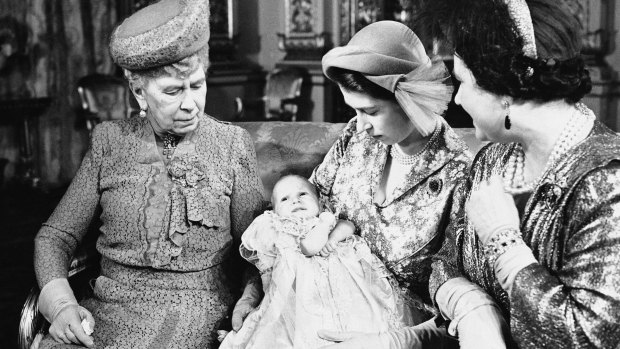 Princess Elizabeth in 1950, after the birth of Princess Anne, with Queen Mary (left) and Queen Elizabeth.