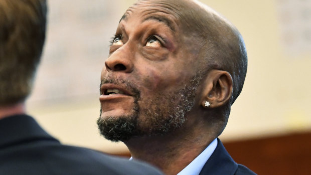 DeWayne Johnson looks up during a brief break as the Monsanto trial in San Francisco. 