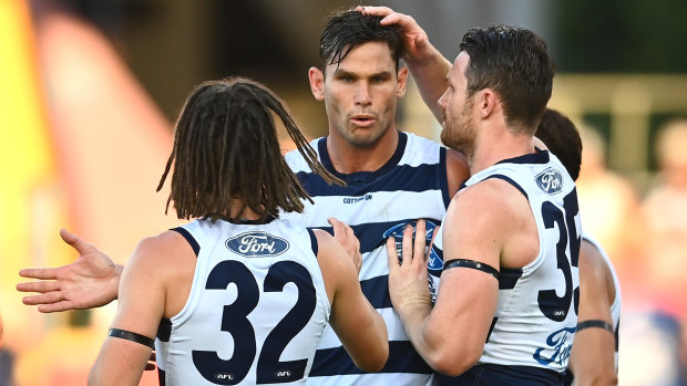 Forward march: Geelong's Tom Hawkins  helped get the Cats over the line in a narrow win over Sydney.