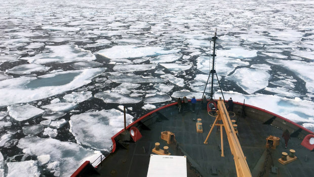 The US Coast Guard Icebreaker Healy on a research cruise in the Chukchi Sea of the Arctic Ocean. 