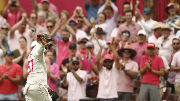 Nathan Lyon celebrates  five-wicket haul against New Zealand at the SCG last January.