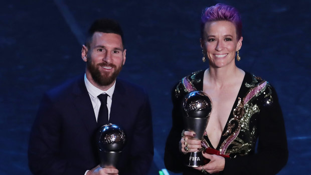 Lionel Messi and Megan Rapinoe with their respective awards.