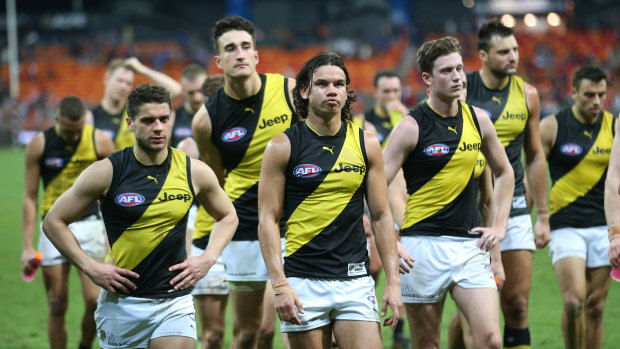 Richmond players after their narrow loss to Greatern Western Sydney in round nine last year.