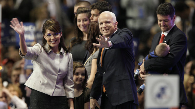 Republican presidential candidate John McCain with vice-presidential candidate Sarah Palin on the campaign trail in 2008.