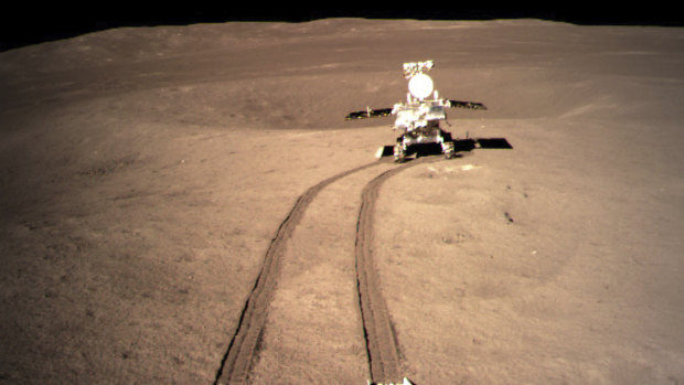 China's lunar rover leaves wheel marks after leaving the lander that touched down on the surface of the far side of the moon. 