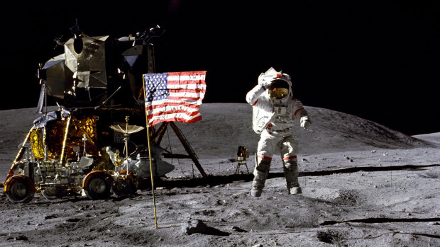 John Young salutes the US flag at the Descartes landing site on the moon during the first Apollo 16 landing in 1972.