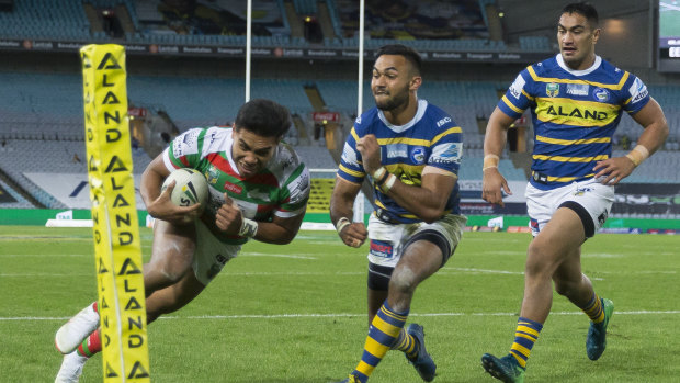 Rabbitoh Hymel Hunt scampers over in the corner against the Eels at ANZ Stadium.