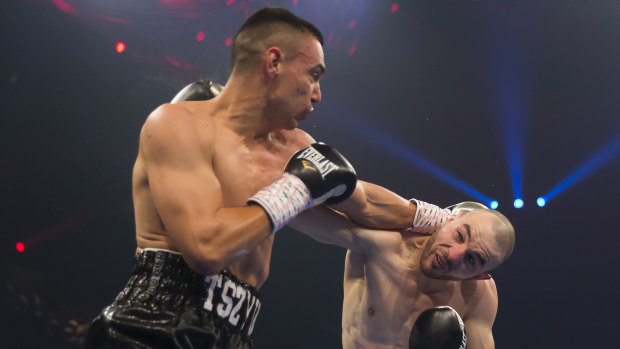 Tim Tszyu (left) goes toe-to-toe with Joel Camilleri in May.
