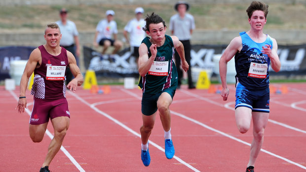 Beginning of a rivalry: Trae Williams, Jack Hale and Rohan Browning in 2014.