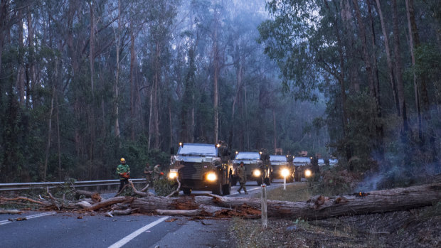 Australian Defence Force troops and members of Forest Fire Management Victoria clear felled trees on the Princes Highway just outside Genoa. 