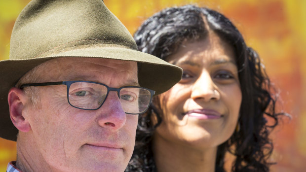 Greens candidate Dr Tim Read and party leader Samantha Ratnam declaring victory in the seat of Brunswick on Saturday.