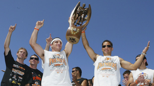 Robbie Farah and Benji Marshall celebrate the 2005 grand final triumph with teammates. They are now assistant coaches as the club looks to begin a new era.